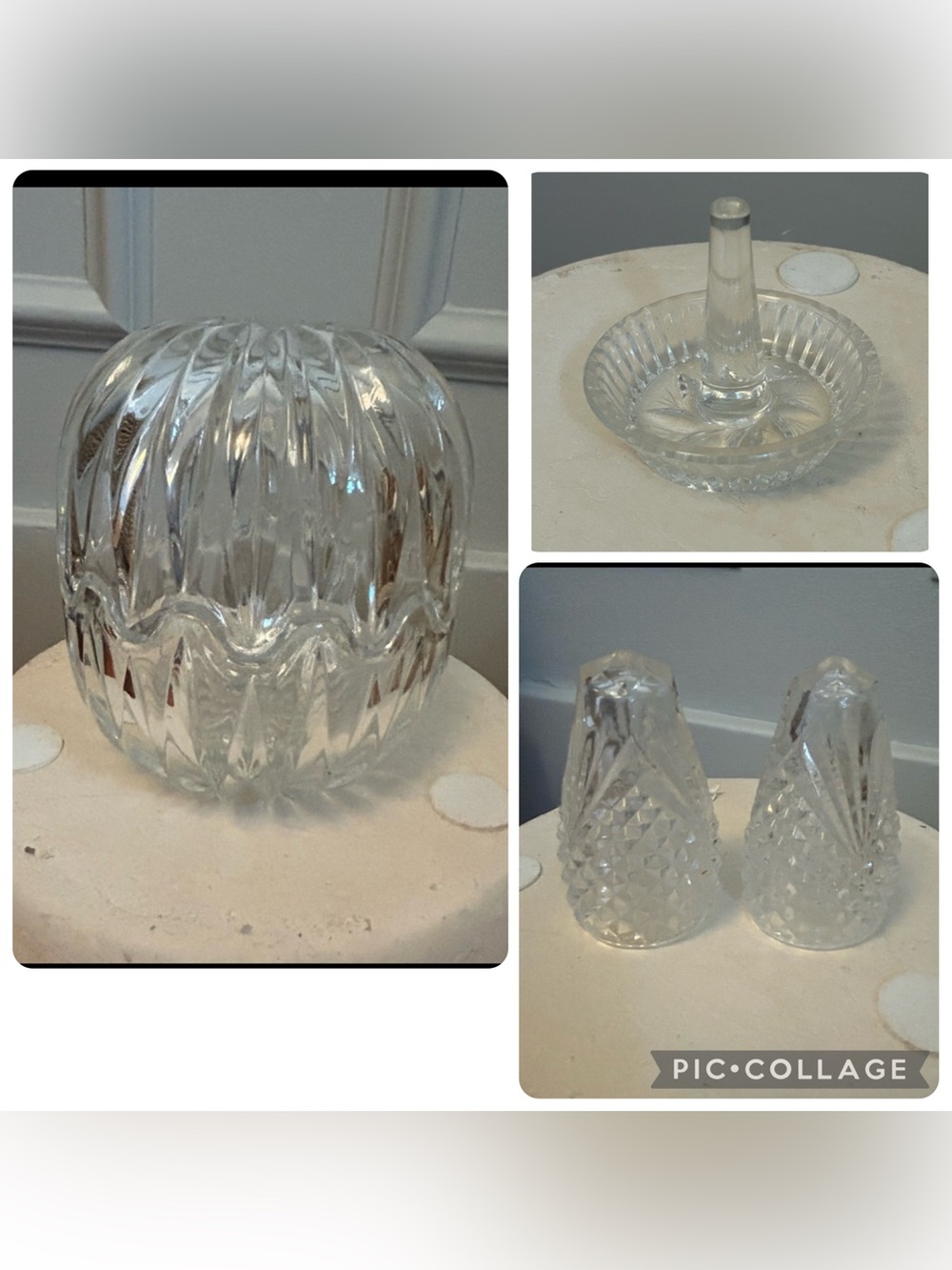 Set of three: crystal potpourri holder, salt and pepper shakers and ring holder
